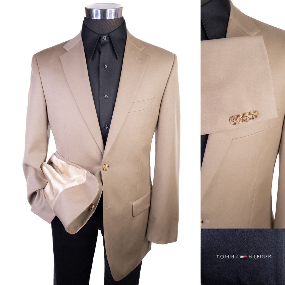 Tommy Hilfiger Sport Coat Blazer Suit Jacket Mens 38L Beige Wool Two Button